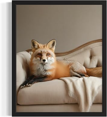 Fox on Sofa Wall Art Print Poster, Animal Nautre Wildlife Photography Bedroom Bathroom Guest Room Decor 231 Fox, 14L" x 11W", Black Frame