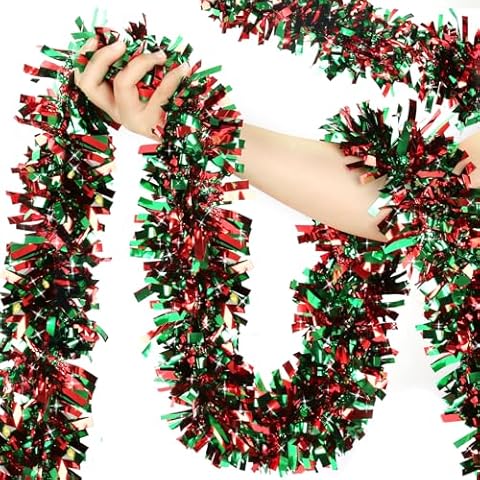 50FT Christmas Tinsel Garland - Metallic Tinsel Twist Garland for Christmas Tree Decorations, Xmas Tree Decor for Holiday Home Indoor Outdoor Party Supplies (Green and Red) Cover