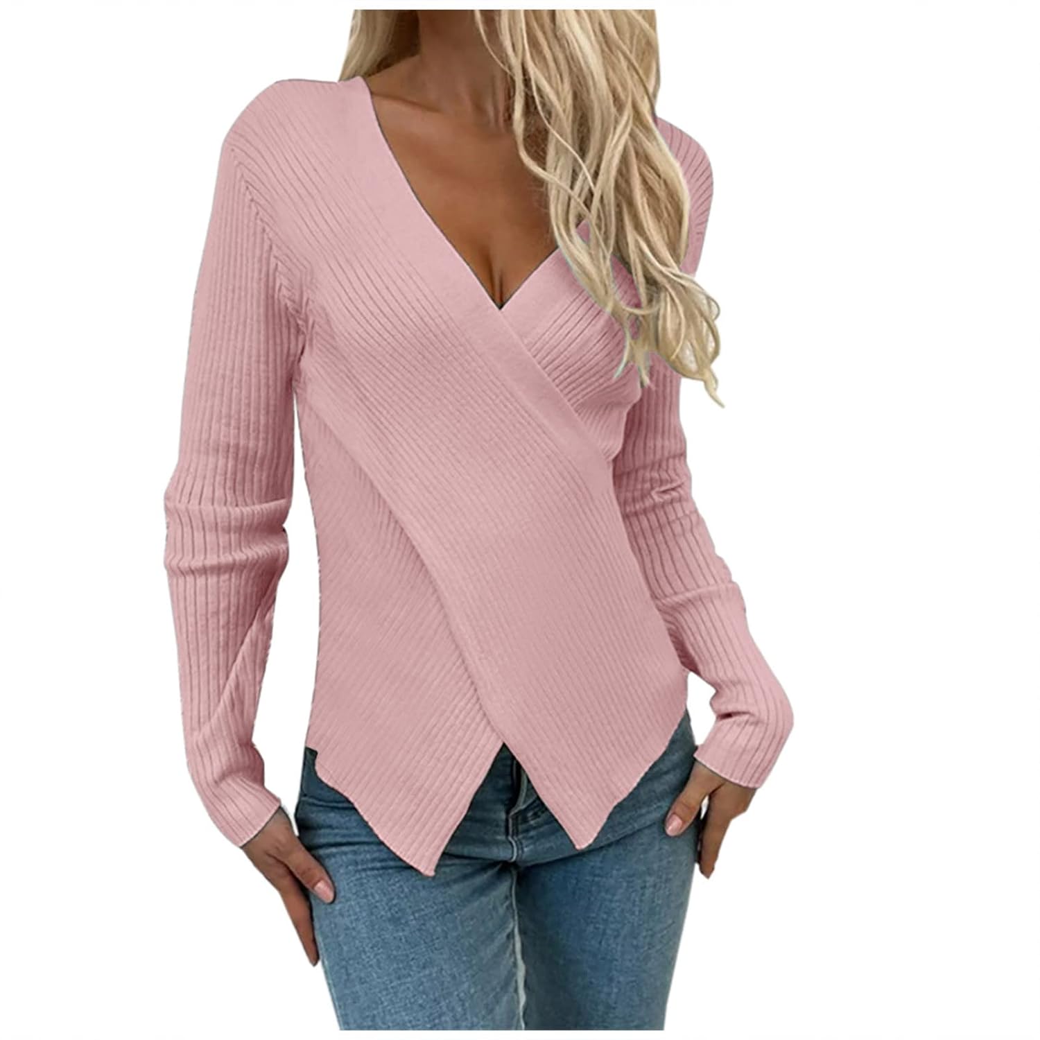Women Sexy V-Neck Wrap Sweater Knit Top Slim Fit Pullover Long Sleeve Soft Breathable Fabric Sweaters 2025 Fall