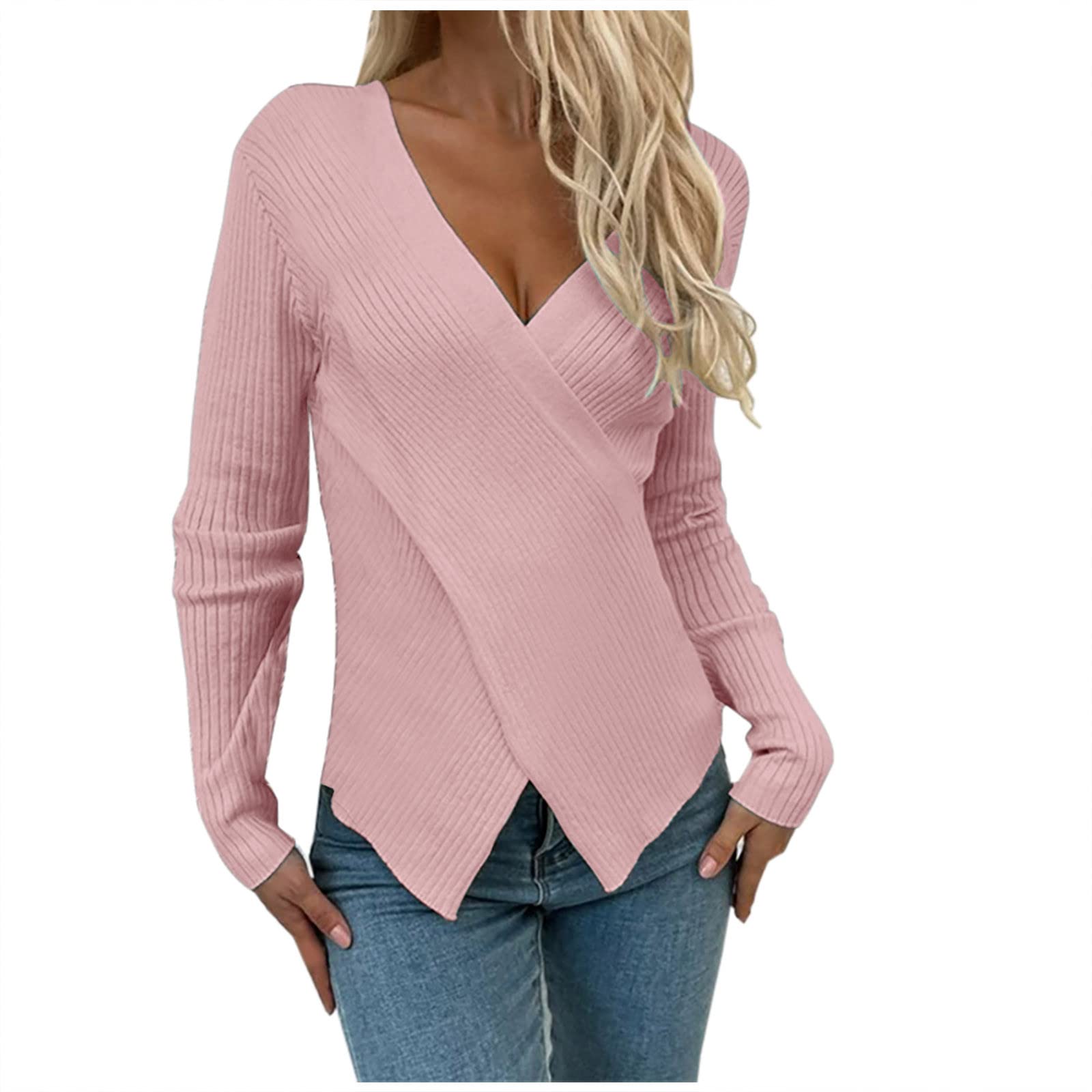Women Sexy V-Neck Wrap Sweater Knit Top Slim Fit Pullover Long Sleeve Soft Breathable Fabric Sweaters 2025 Fall