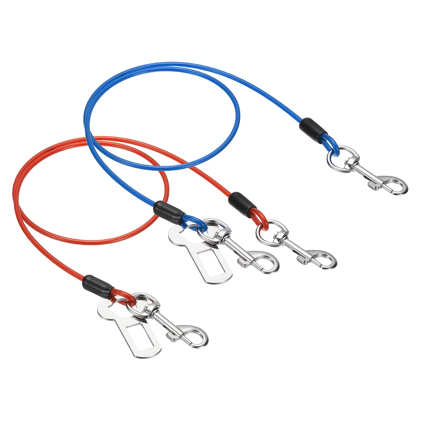 PATIKIL Chew Proof Dog Leash, 31 in Dog Seat Belt Harness with Double Clips Leash Extender Steel Braided Vehicle Tether, (Red/Blue, 2 Pcs), Intended for Pet Walking/Training