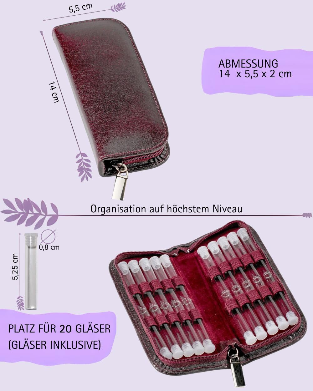 Homeopatía - Botiquín clásico con 20 cristales transparentes para glóbulos de piel burdeos