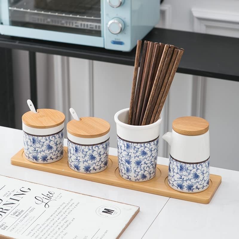 ciotola di zucchero di ceramica, Zuccheriera in ceramica retrò barattolo portaoggetti blu e bianco con coperchio in legno e cucchiaio