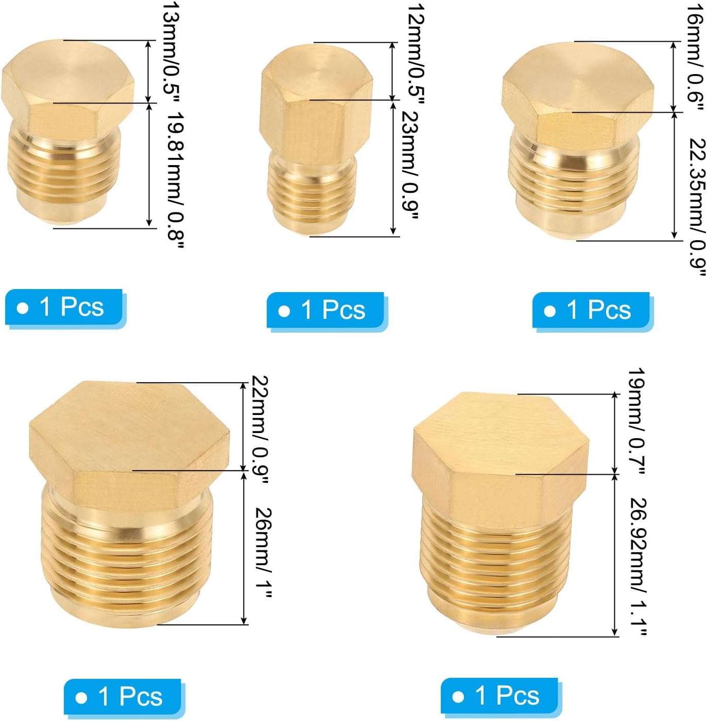 PATIKIL 5 Sizes Brass Flared Plug Set, 45 Degree SAE Seal Tube Fitting Hex Pipe Fittings for Refrigeration Gas Hydraulic (1/4", 5/16", 3/8", 1/2", 5/8" Tube OD)