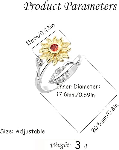 Vista 6 de Anillo giratorio de girasol de circonita cúbica para mujer, diseño de flor giratoria de cristal, apilable, anillo abierto para los dedos, ajuste