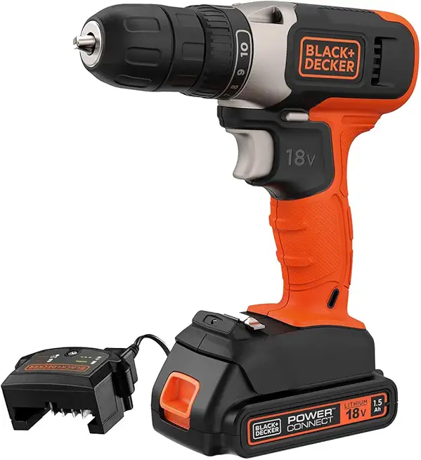 BLACK+DECKER Akku-Bohrschrauber mit Akku und Ladegerät (18V/1.5 Ah, 10mm Schnellspannbohrfutter, 10-stufige Drehmomentvorwahl + 1 Bohrstufe, LED-Arbeitslicht, inkl. Ladegerät und Akku) BCD001C1-QW