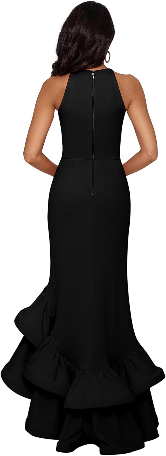 Betsy & Adam Womens Long Halter Crepe Tiered Ruffle Gown - Image 2