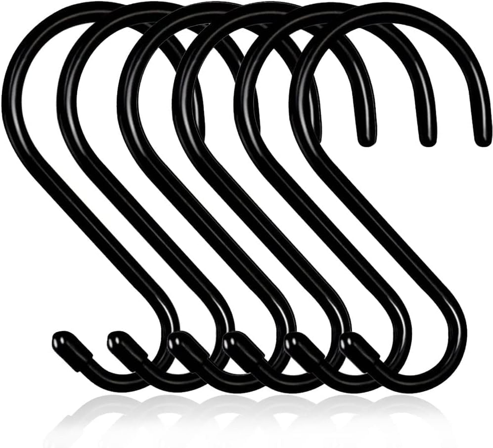 D-buy 5 Pack 15 cm Large Heavy Duty S Hooks Non Slip Vinyl Coated S Hook for Hanging, Steel Metal Black Rubber Coated Closet S Hooks for Hanging Plants Jeans Pot Pan Cups Towels Hats Jewelry
