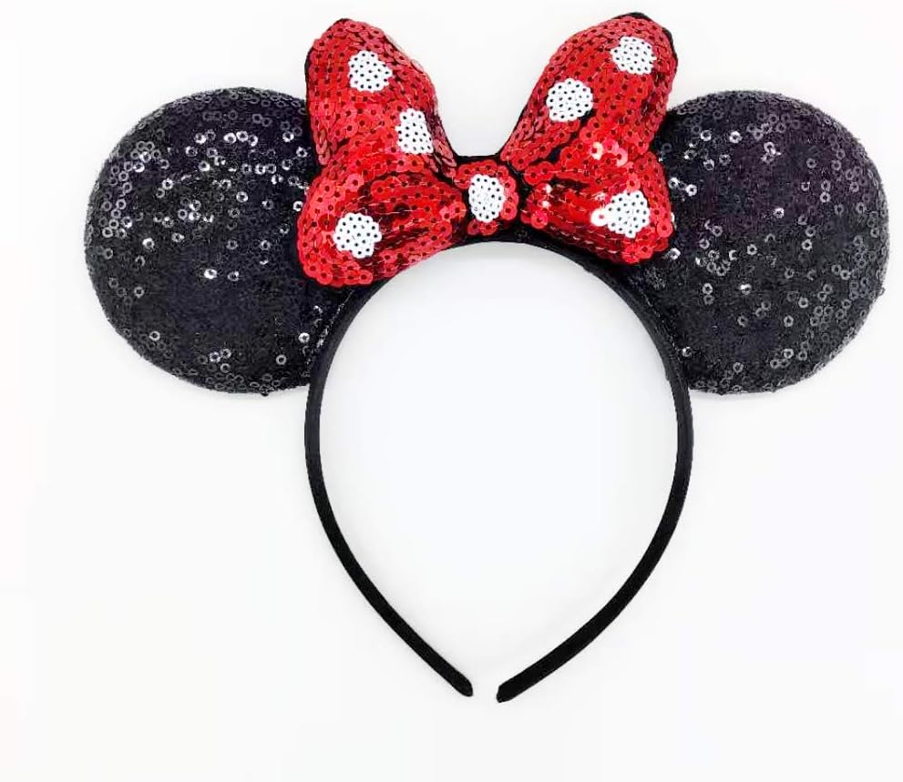 NG Seven Classic Polka Dot Bow Minnie Ears，Mouse Ears Headbands Minnie Sequin Ears Mickey Sequin Ears Adult Minnie Ears Sparkly Minnie Ears (Red)