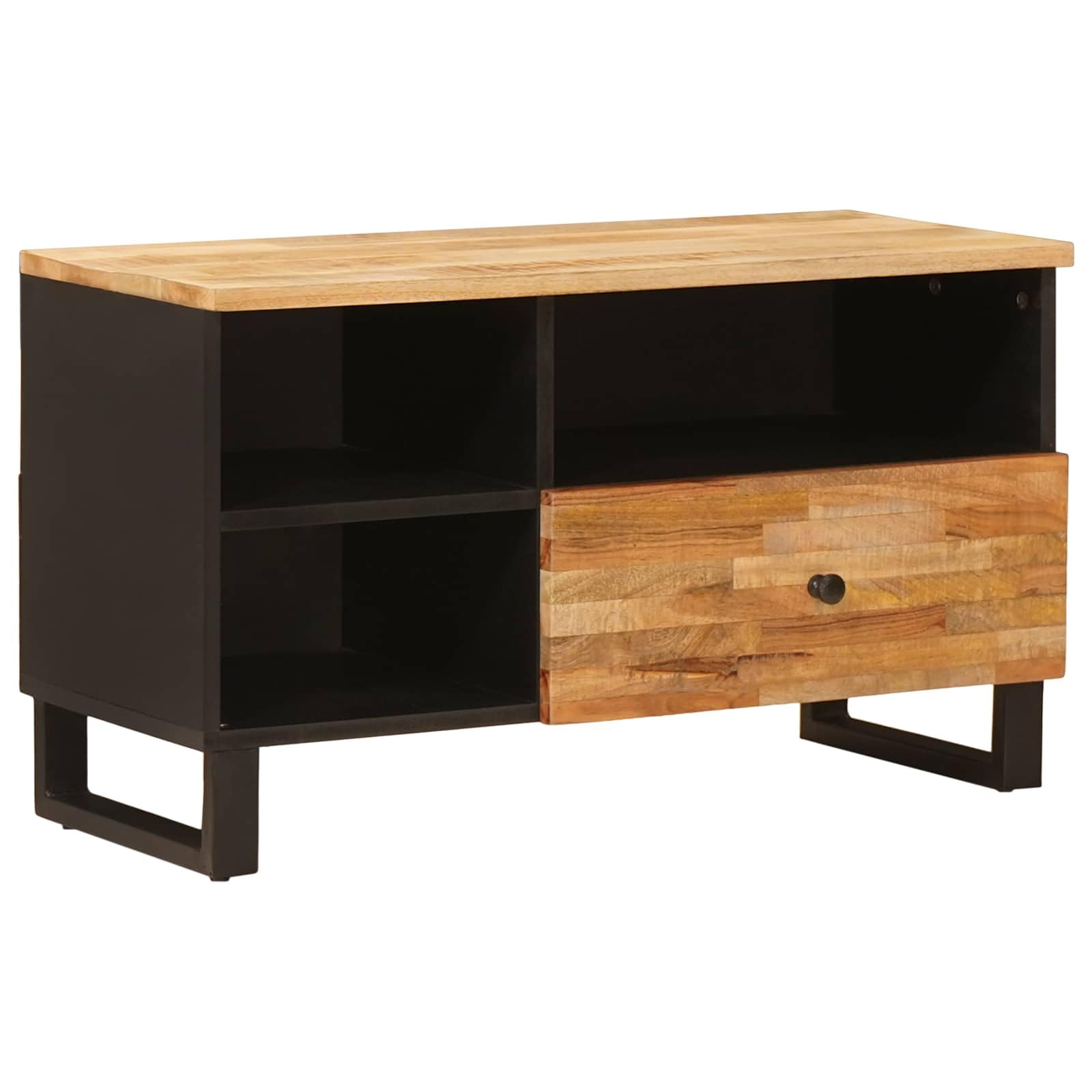 TV-Schränk aus massivem Mangoholz Braun 80 x 33 x 46 cm mit Regal, Schublade und Stauraum für Wohnzimmer, Mediengeräte, Heimkino und Gaming Zubehör