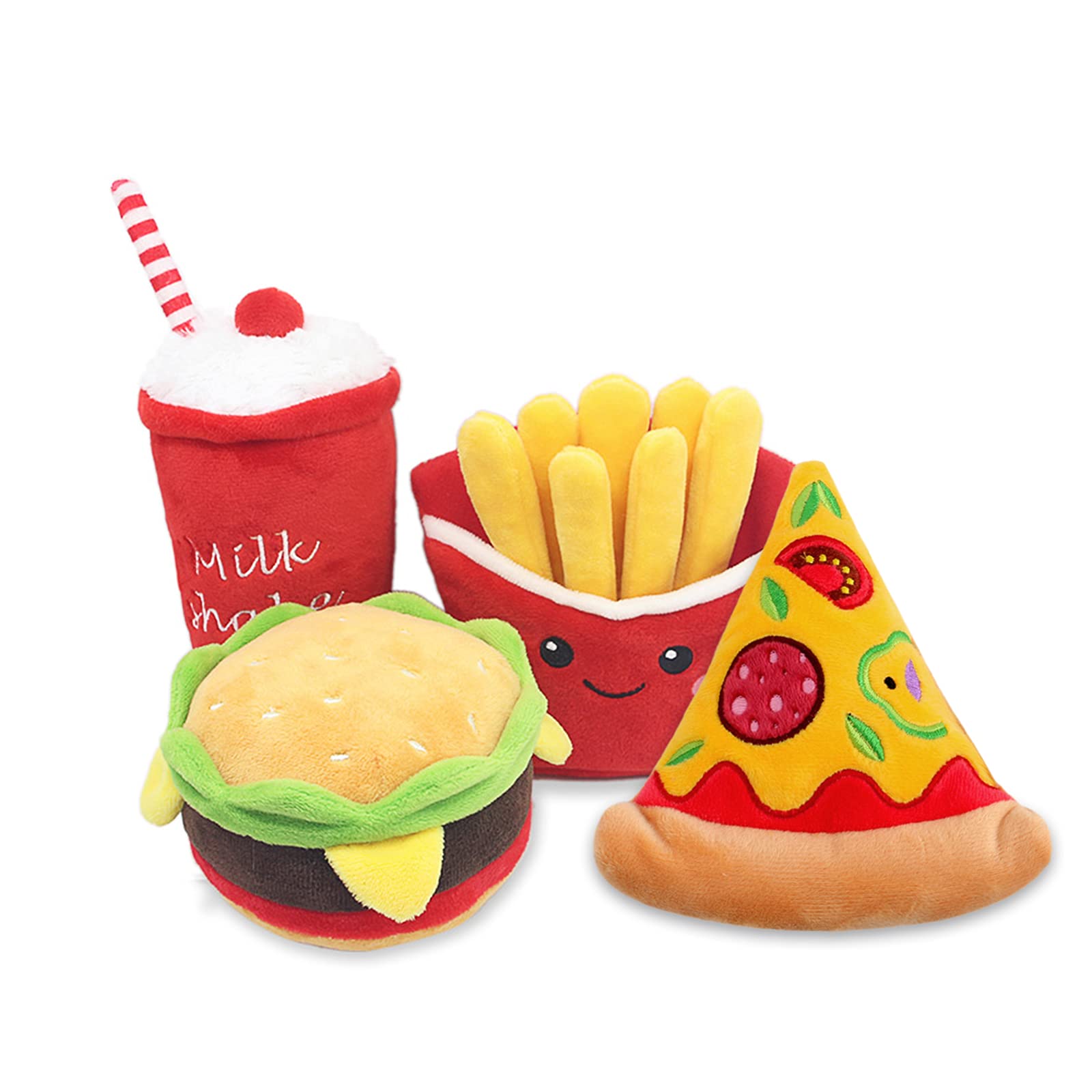 HGB 4 Pack Squeaky Dog Toys, Non-Toxic and Safe Chew Toys for Puppy with Funny Food Shape, Durable Interactive Crinkle Plush Dog Toy for Small, Medium, and Large Dogs