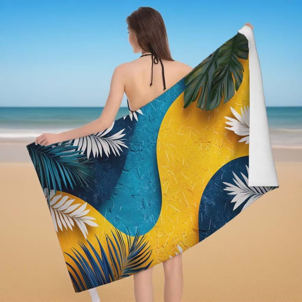 Telo Mare XXL 220x100cm/35x70cm, 2 Set Telo Mare Microfibra Foglie Asciugamano Palestra Uomo, Antisabbia, Leggero, Asciugatura Rapida, Teli da Spiaggia Grandi Accessori per Camping Natation Yoga F-24
