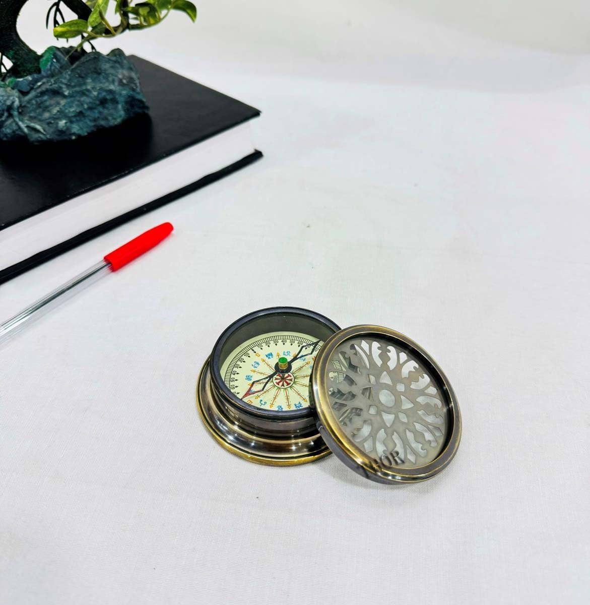3" Nautical Brass Designer Pattern Direction Compass with Cap, Antique Look, Home Decor Gift Item