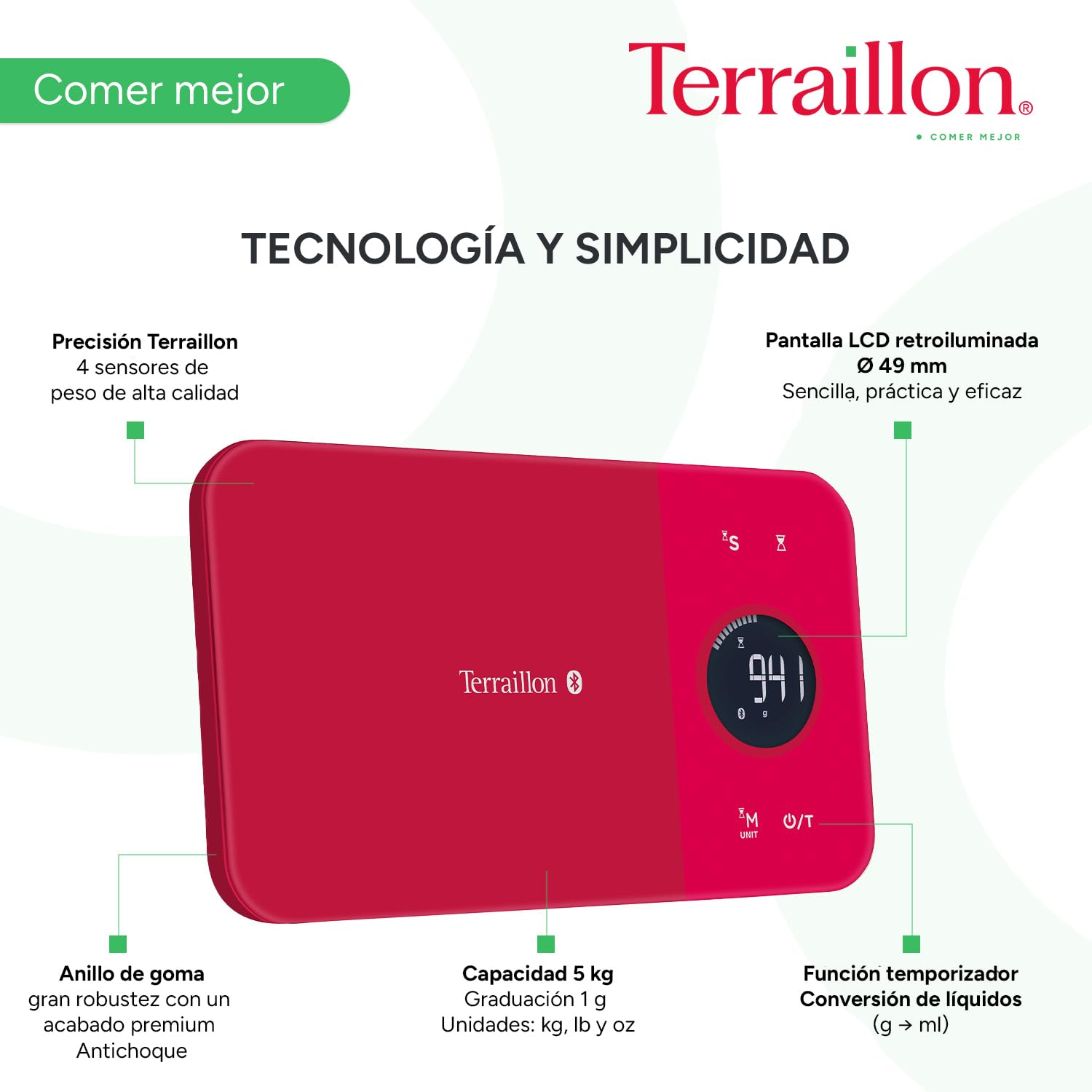 Balanza de cocina conectada Terraillon, para Smartphone/Tablet, calculadora de energía, tara, conversiones de líquidos, temporizador, Bluetooth Smart, 5 kg, NutriTab, arándano rojo
