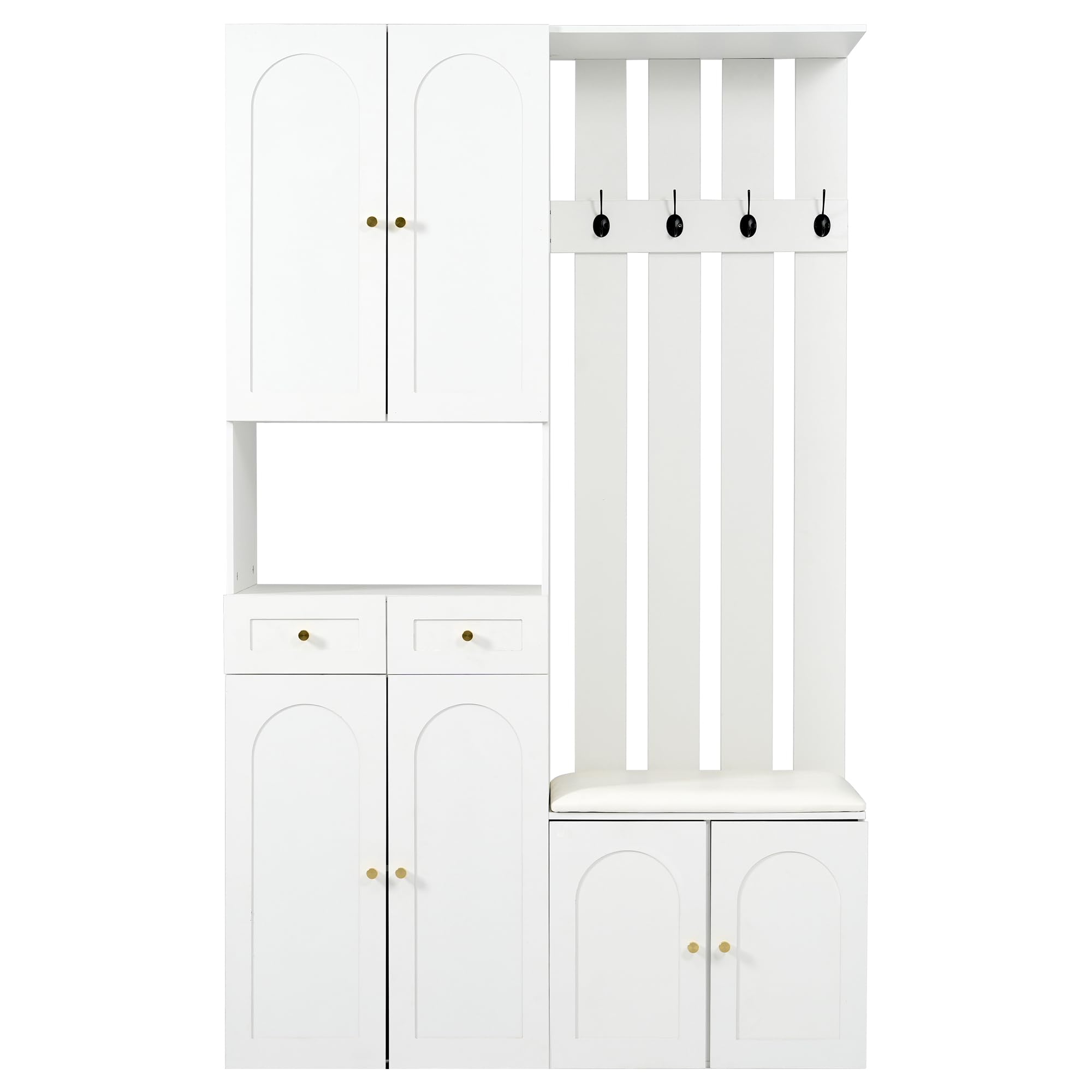 Garderobenset mit Schuhbank und Schuhrank, 4 Haken, 6 Türen, 2 Schublade, Weiß, B110×H180×T37cm