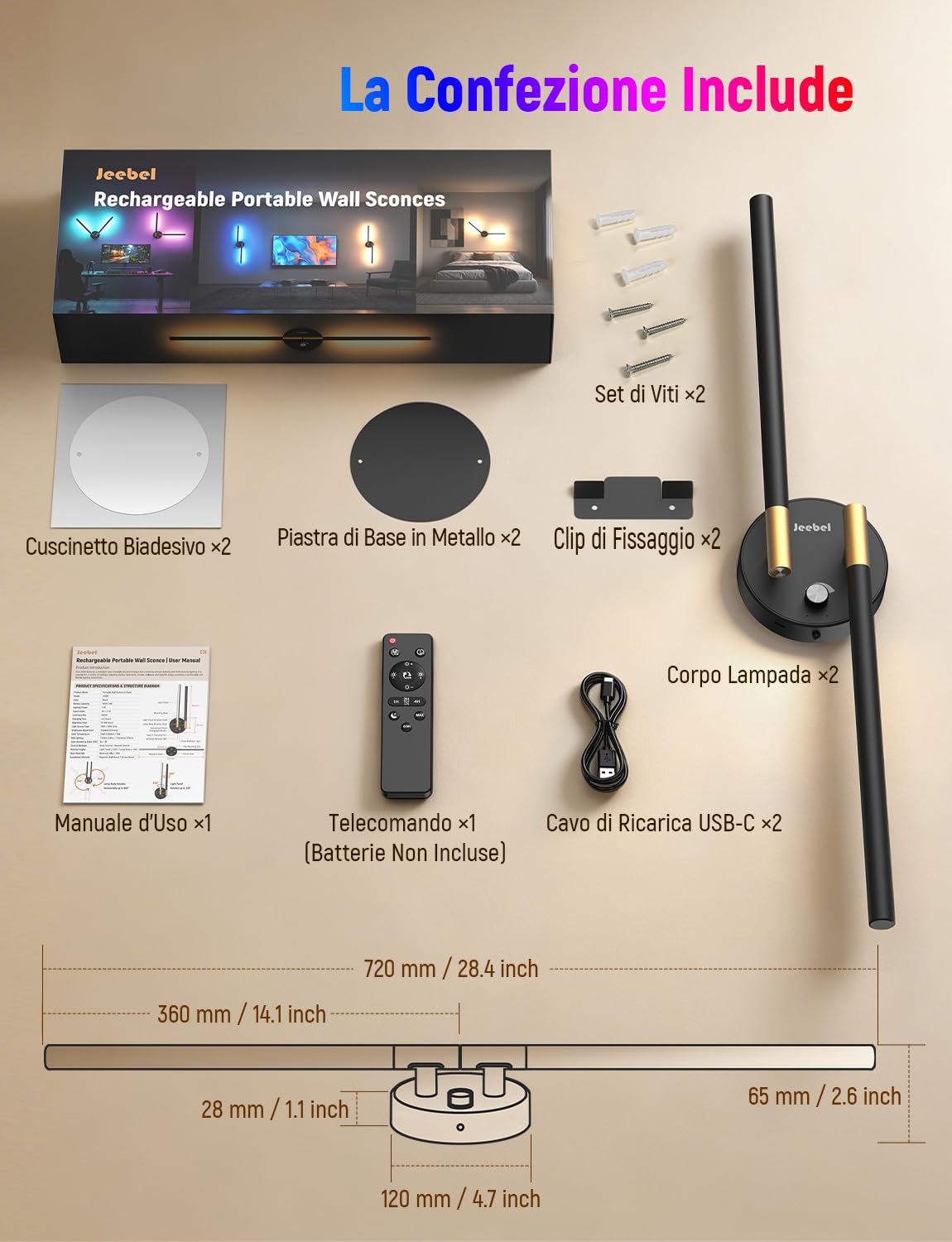 72cm Applique da Parete LED 10000mAh Ricaricabile Senza Fili, Set 2 | Lampade Parete Magnetica con Batteria 10000mAh, Modalità RGB, Doppia Rotazione, Timer, Luce Regolabile per Camera, Soggiorno