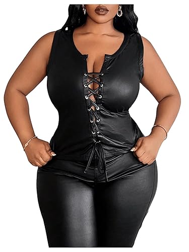Women's Plus Size Leather Sleeveless Tank Top Lace Up Music