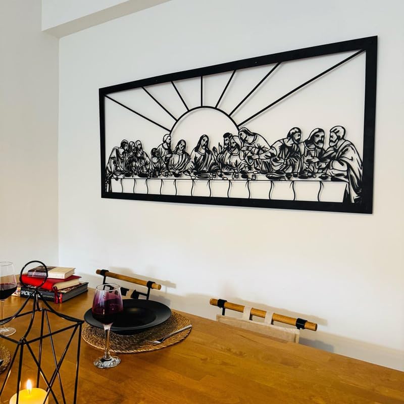 Large The Last Supper Wall Art Christian Metal Wall Decor Religious Hanging Picture Sculpture Jesus Black Line Art Home Decor for Dining Room Bedroom Living Room Housewarming Gift (23.6"L x 9.8"W)