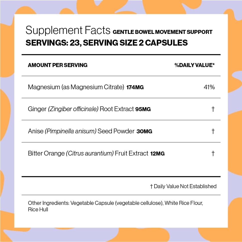 Hilma Gentle Bowel Movement Supplements - A Natural, Gentle Laxative to Relieve Occasional Constipation - with Magnesium, Bitter Orange, Ginger, & Anise - 46 Vegan Capsules