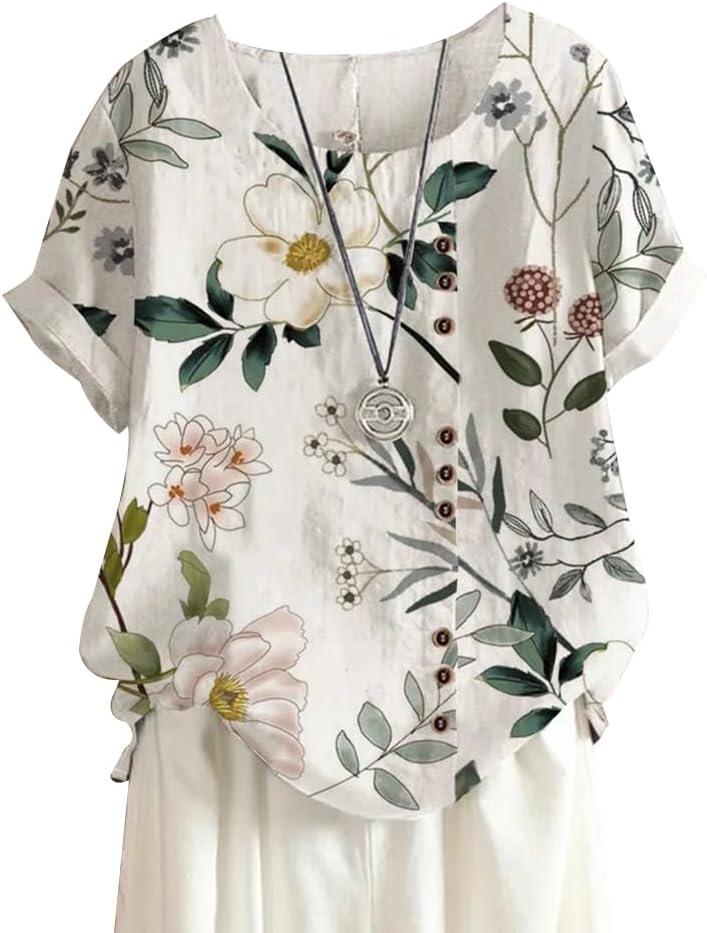 Cotton Linen Shirts Women Crew Neck Short Sleeve Floral Printed Linen Tunic Tee Shirts Tops Blouse