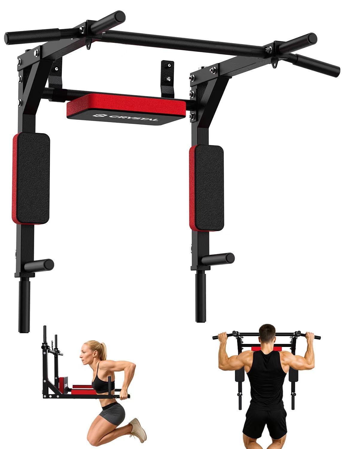 CRYSTAL FIT Multifunctional Wall Mounted Pull Up Bar Chin Up Bar and Dip Station Heavy Duty Steel Supports
