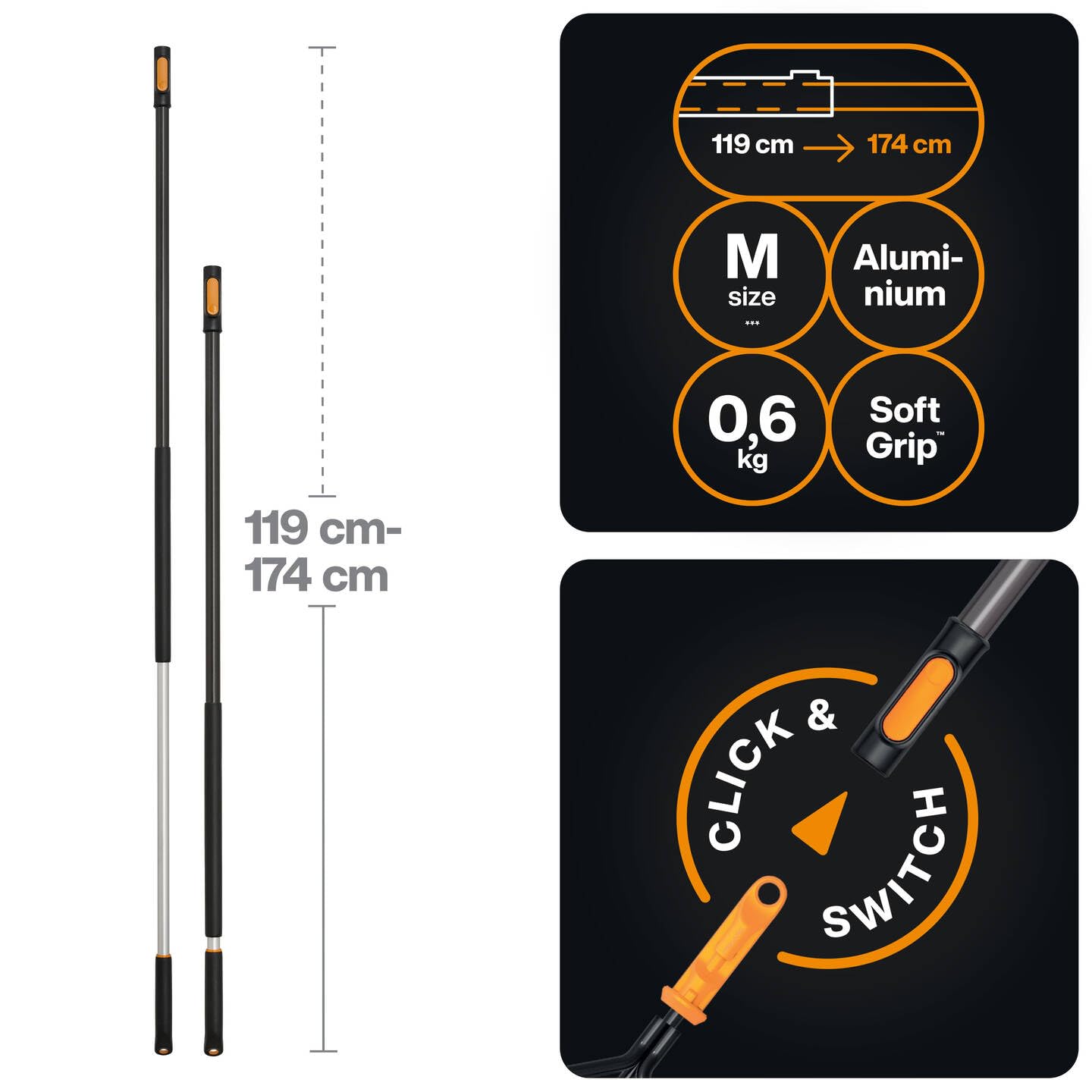 Fiskars OneClick Manche Télescopique M, Longueur Réglable de 119 à 179 cm, Changement Facile en Un Clic, Adaptateur QuikFit Vendu Séparément, Poignée SoftGrip, Aluminium, Noir/Orange, 1080671
