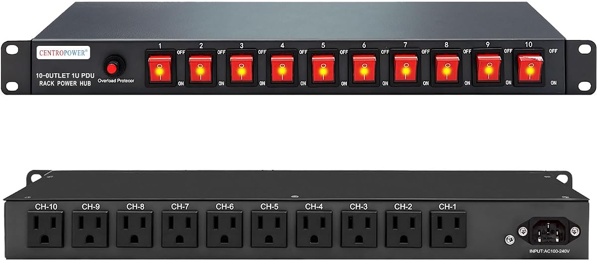Regleta de alimentación horizontal para montaje en rack PDU de 1U - Protector de sobrecarga | 10 tomacorrientes NEMA 5-15R, 100 V-240 V/15 A, 1800 julios, 10 interruptores LED independientes, cable de 6 pies