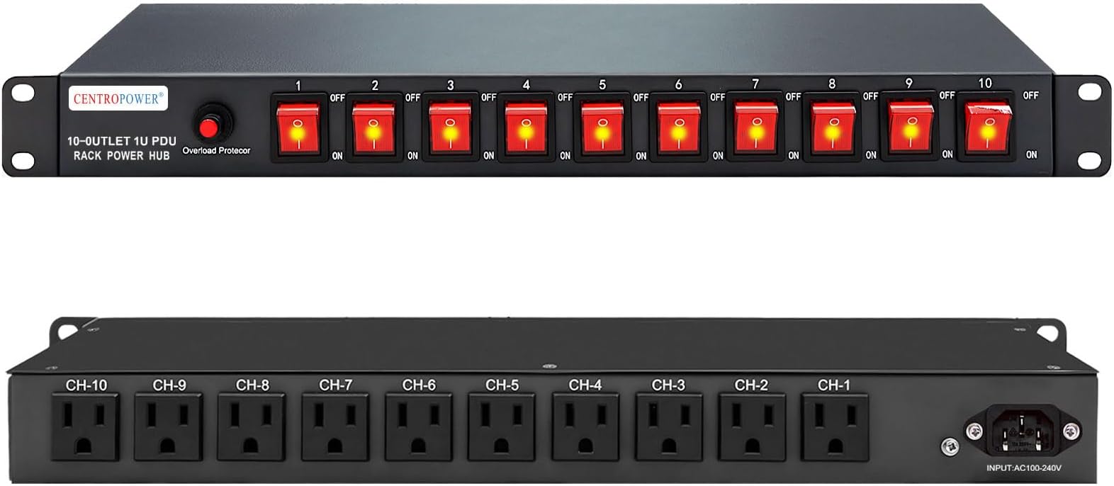 1U PDU Horizontal Rack Mount Power Strip - Surge Protector 10 NEMA 5-15R Outlet 100V-240V/15A 1800 Joules, 10 Independent LED Switches, w/6ft Cord, for Network Server, ETL Listed, by CENTROPOWER