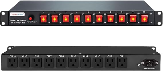 1U PDU Horizontal Rackmount Power Strip - Surge Protector 10 NEMA 5-15R Outlet 100V-240V/15A 1800 Joules, 10 Independent LED Switches, w/6 ft Cord, for Network Server, ETL Listed, by CENTROPOWER