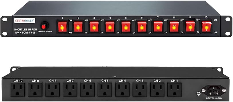 1U PDU Horizontal Rack Mount Power Strip - Surge Protector 10 NEMA 5-15R Outlet 100V-240V/15A 1800 Joules, 10 Independent LED Switches, w/6ft Cord, for Network Server, ETL Listed, by CENTROPOWER