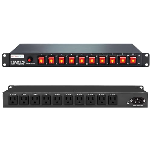 CENTROPOWER 1U PDU Horizontal Rackmount Power Strip - Overload Protector | 10 NEMA 5-15R Outlet, 100V-240V/15A, 1800 Joules, 10 Independent LED Switches, 6 ft Cord