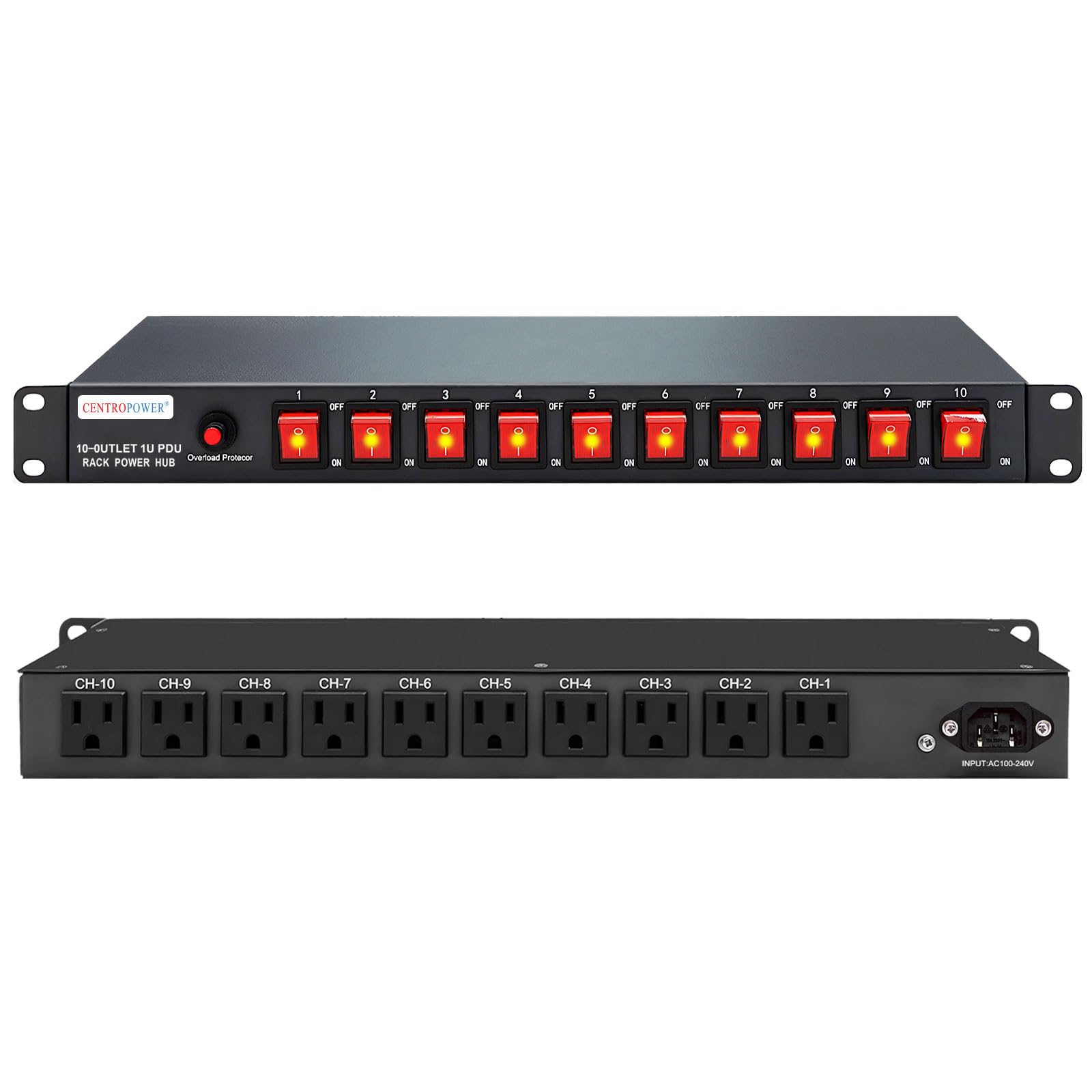 1U PDU Horizontal Rackmount Power Strip - Surge Protector 10 NEMA 5-15R Outlet 100V-240V/15A 1800 Joules, 10 Independent LED Switches, w/6 ft Cord, for Network Server, ETL Listed, by CENTROPOWER