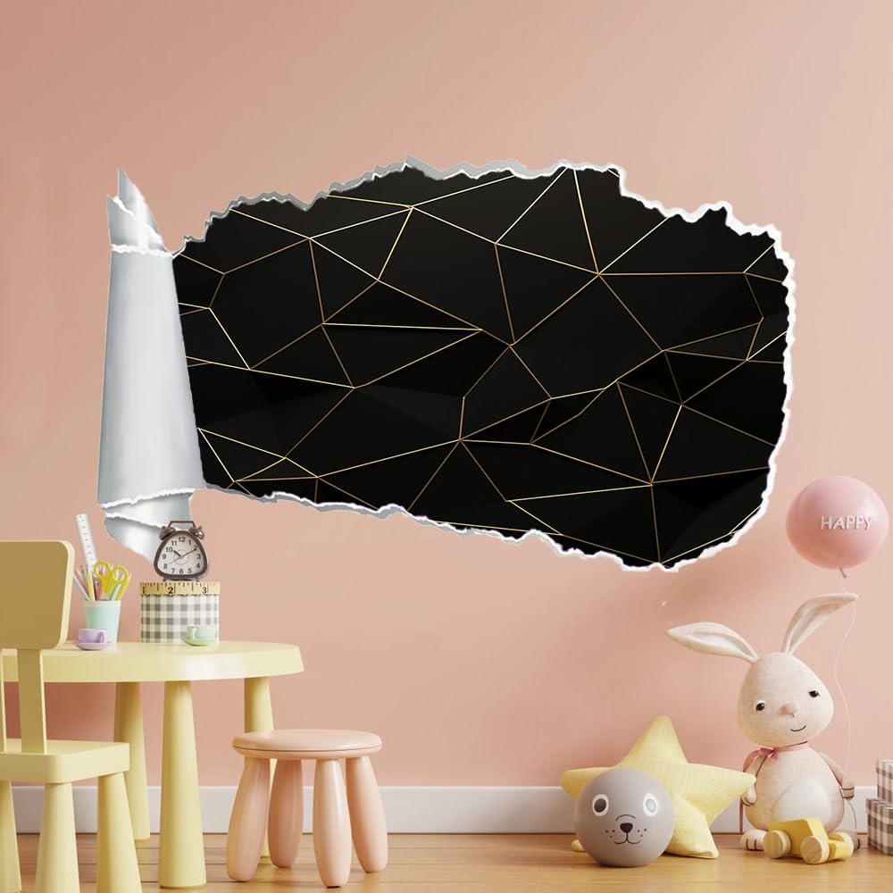 3D Durchbruch Wandtattoo Mädchen Kinderzimmer Geometrie Wandaufkleber Dekorative Schwarz Und Gold Wandsticker für Junge Teenager Zimmer Wohnzimmer Schlafzimmer Wandbilder Deko
