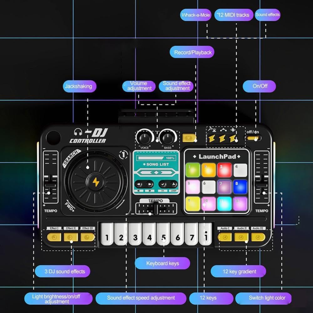 NEWFUN Mesa De Mezclas Dj para niños,Bluetooth Con Micrófono Ajustable, Teclado Con Iluminación Degradada, Alimentado Por Batería, Adecuado Como Regalo De Nivel Inicial Para Niños De 3 a 12 Años.