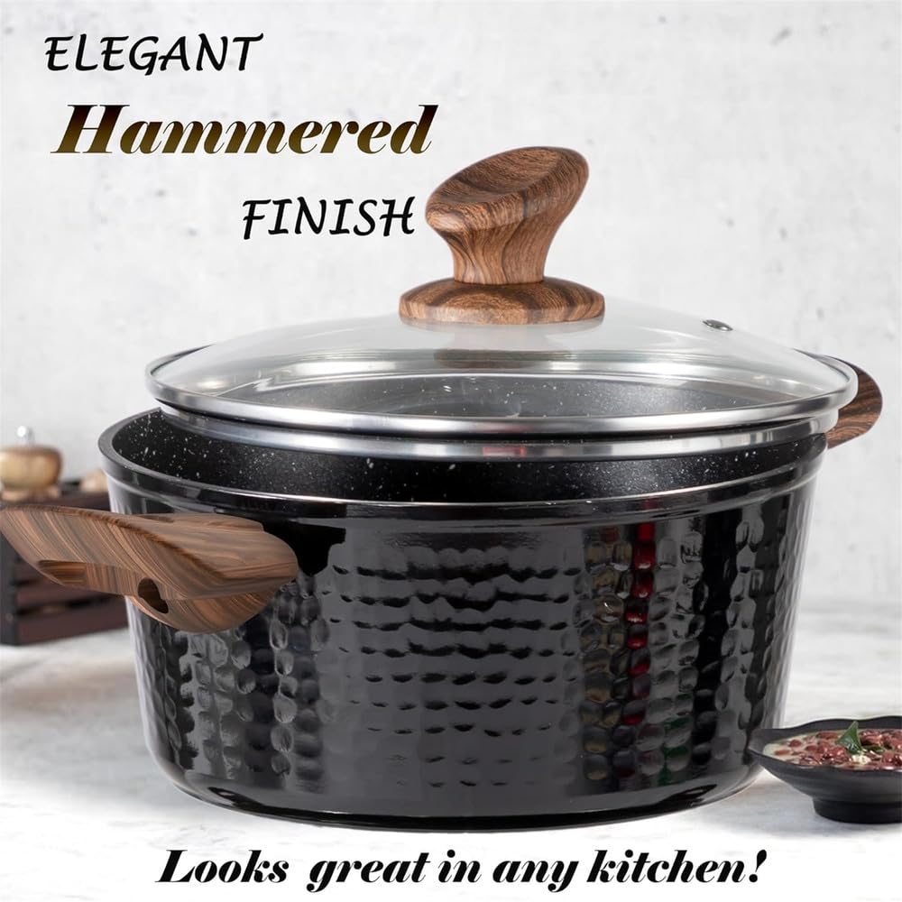 Set di Pentole E Padelle Antiaderenti, 15 Pezzi, Nero, per Induzione, Cucina Sana, Martellata, Nero, 15 Pezzi
