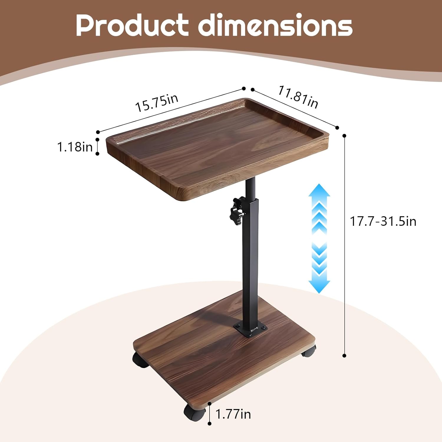 Tmore C Shaped Table,End Table Adjustable Height,Side Tables with Wheels for Living Room and Bedroom,Natural Wood Top & 360°Swivel Side Table for Small Spaces(Coffee)