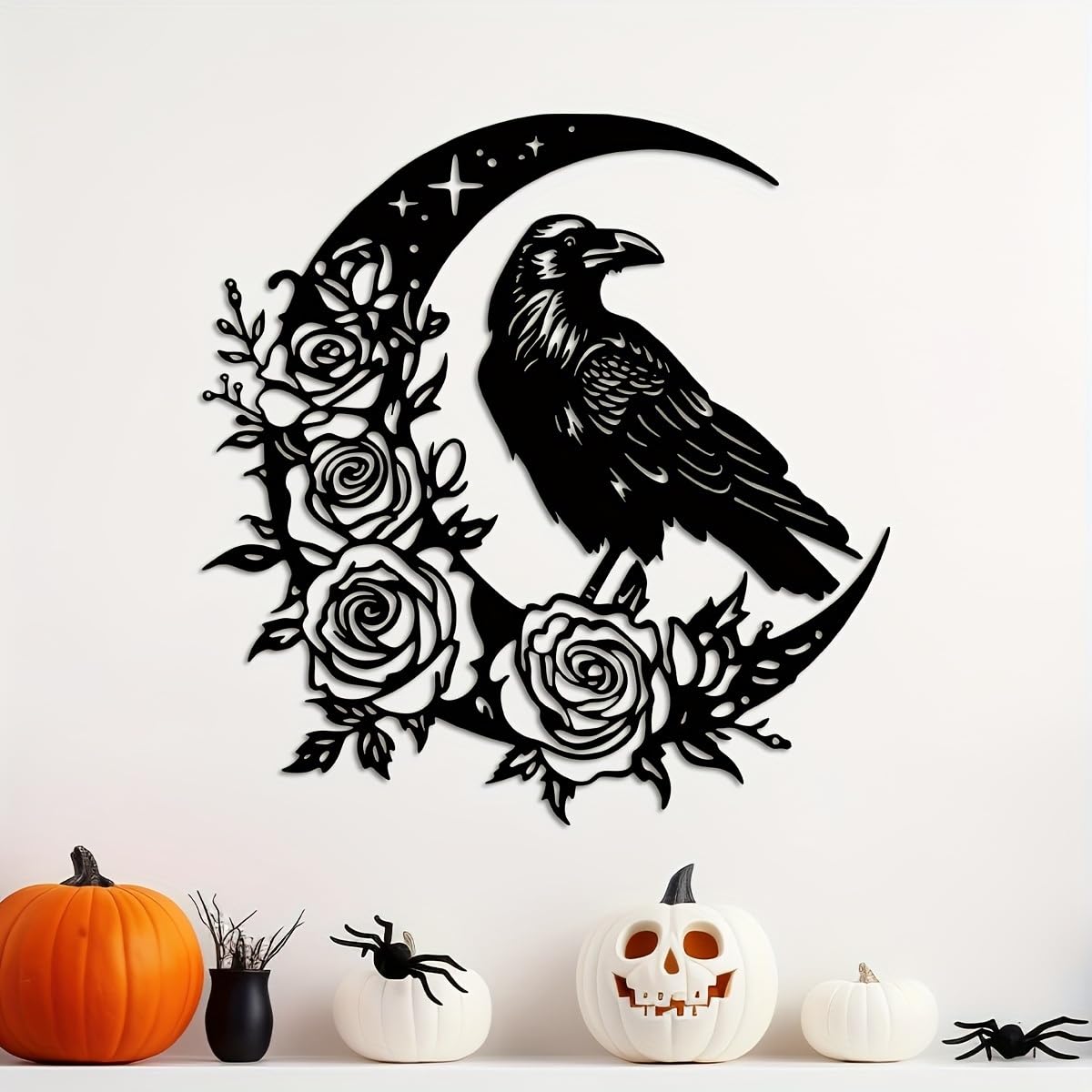Generico Decoración de pared abstracta contemporánea de Metal con Arte de Cuervo Lunar, letrero colgante rústico Moderno para Sala de estar, dormitorio, oficina gótica o jardín Exterior.