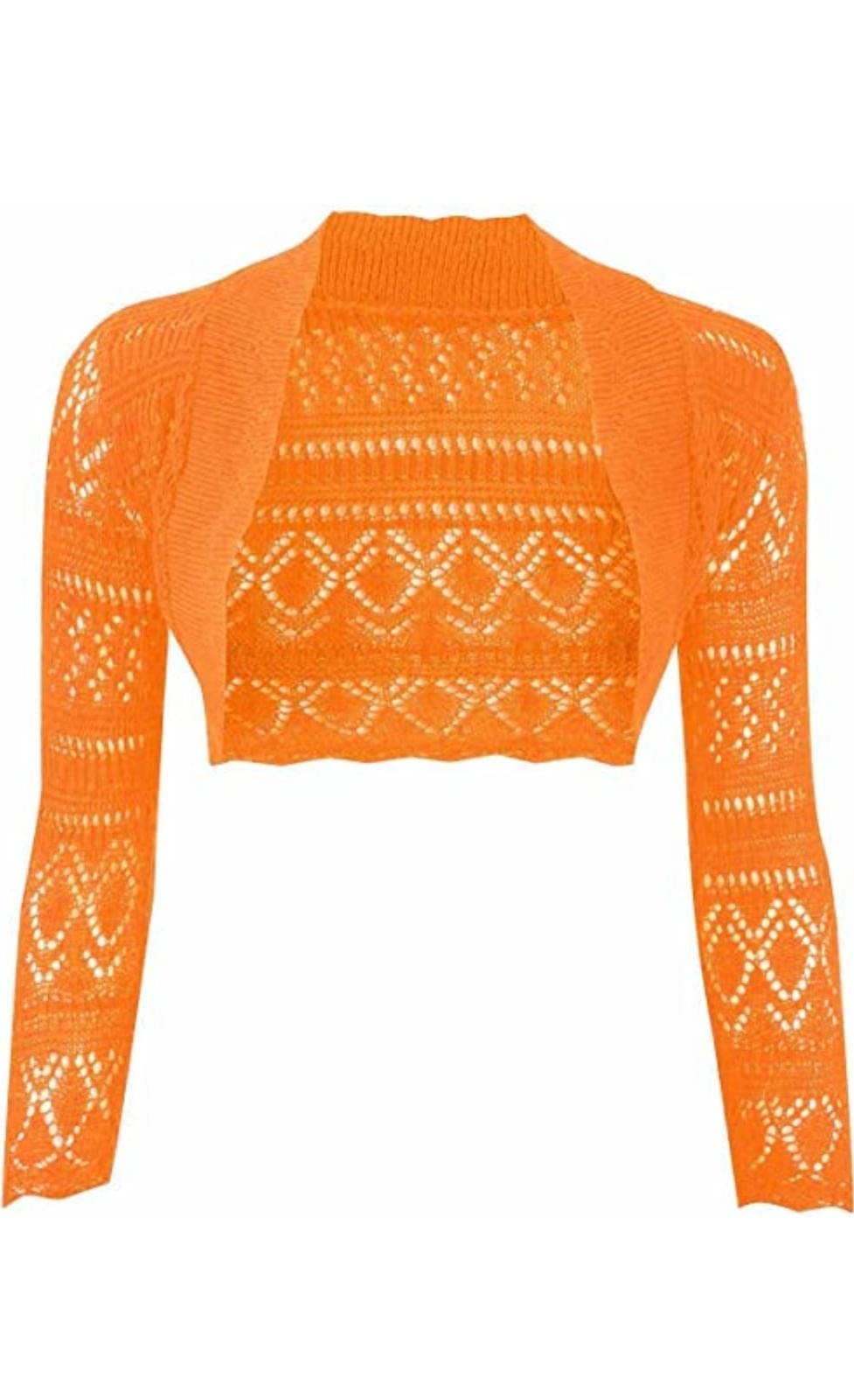 JJ CLOTHING Women's Long Sleeve Crochet Bolero Shrug Plain Cropped Knitted Open Cardigan (Orange, S/M)