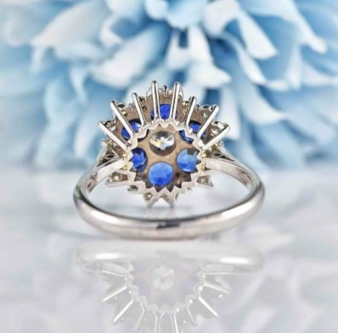 925 Sterling Silver Blue Sapphire Gemstone Engagement Ring for Women, Round Cut 3 mm Stones Floral Design, Wedding, Anniversary Jewelry Gift for Her