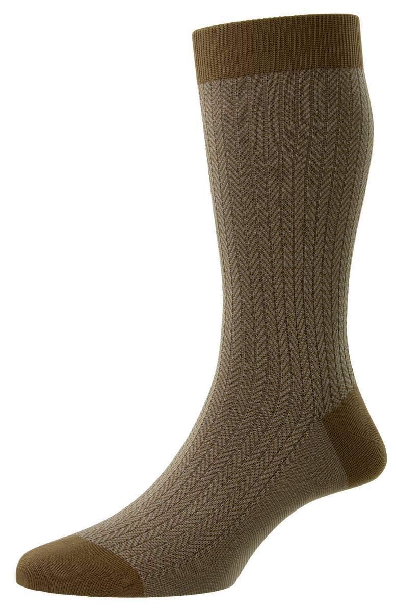 Pantherella Mens Fabian Cotton Fil D'Ecosse Herringbone Socks - Light Khaki - Small