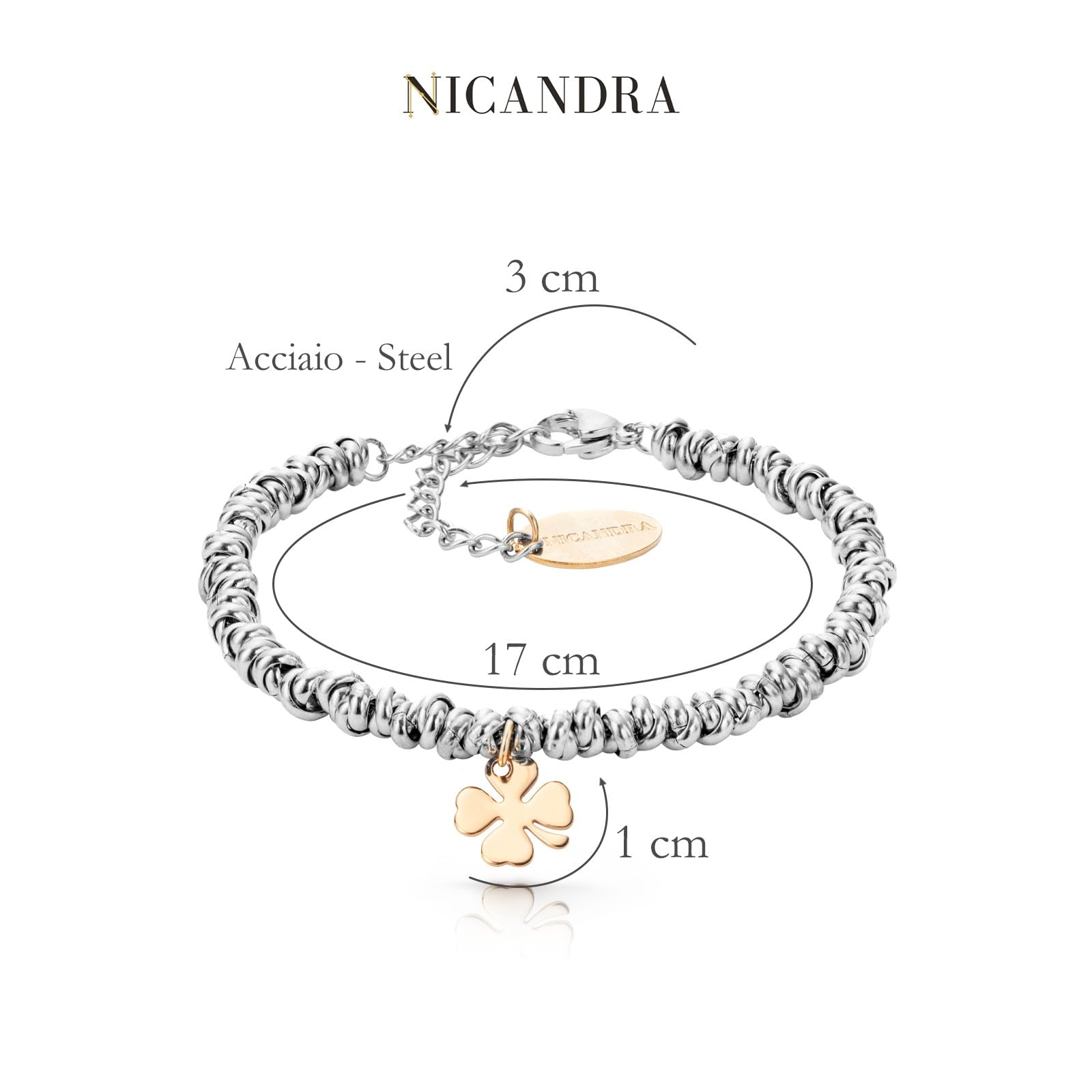 Bracciale Donna con Nodini - Gioiello con Ciondoli Cuore Quadrifoglio o Cornetto in Acciaio Inossidabile - Portafortuna Realizzato a Mano con Catenina Regolabile da 16 a 21 cm - Made in Italy