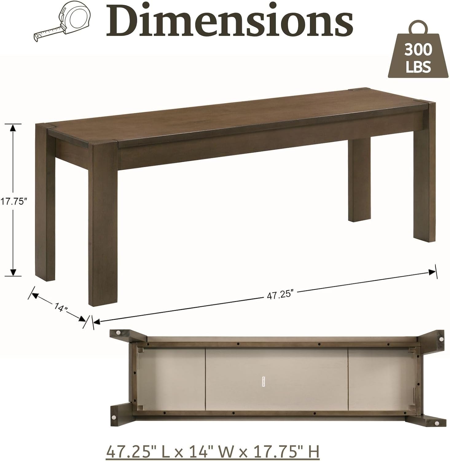 LukeAlon Solid Wood Dining Bench, 47.25" Brown Farmhouse Entryway Bench, Narrow Rustic Long Bench for Hallway Kitchen Dining Room Bedroom Living Room
