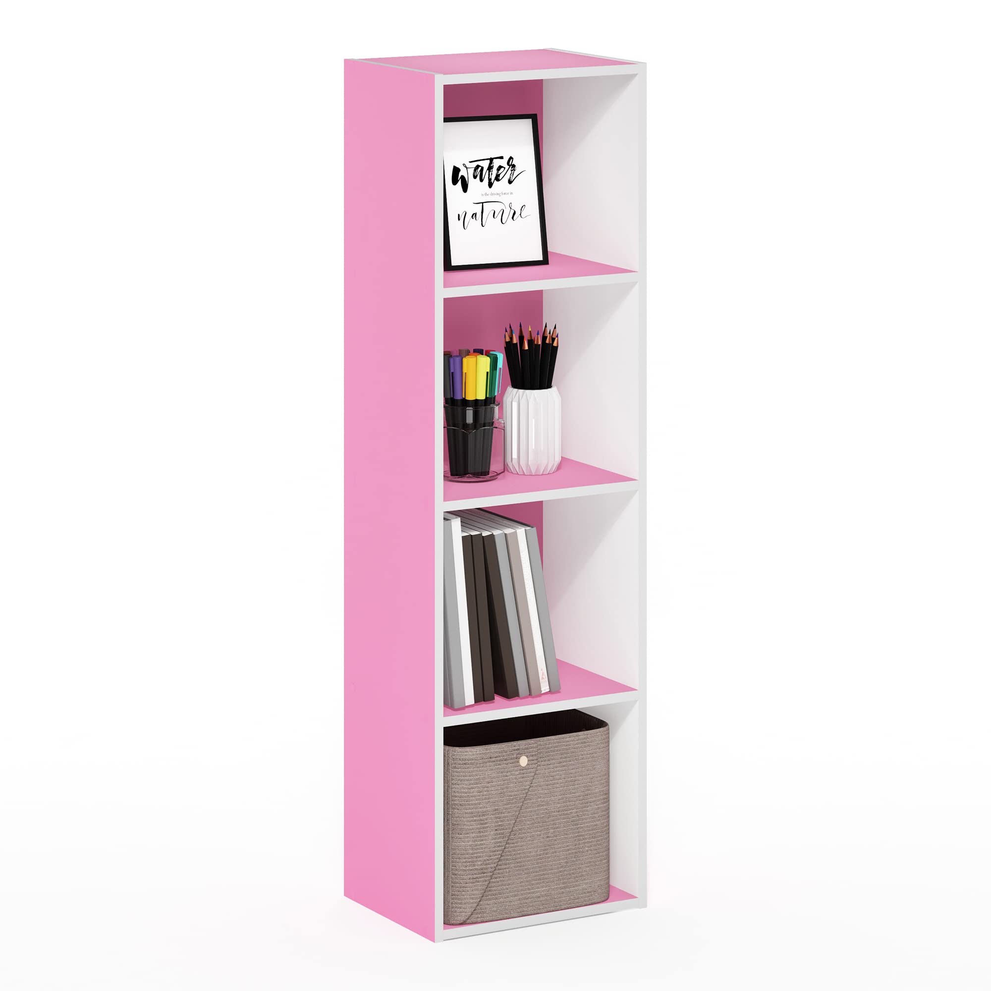 Furinno PASIR Book Shelf, 4-Tier Modern Bookshelf, Open Shelves Bookcase 9 x 12 x 42, for Living Room, Bedroom, Home Office, Pink/White