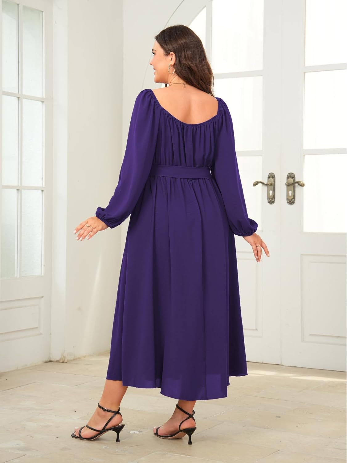 SCOMCHIC Women Plus Size Maxi Dress Long Sleeve Square Neck Wedding Guest Cocktail Belted Elegant Flowy A Line Long Dresses - Image 6