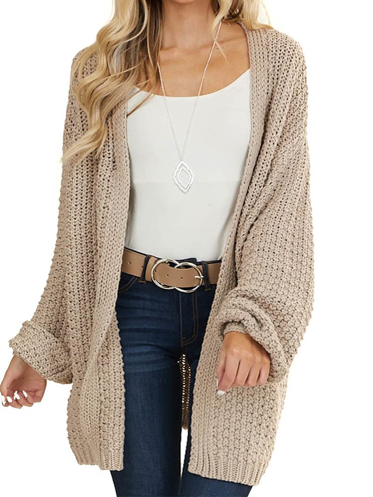 Womens Cardigan Solid Color Long Sleeve Open Front Chunky Knit Sweater Outwear