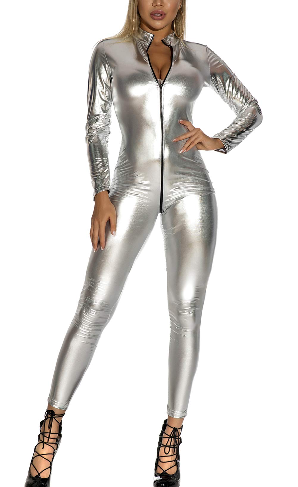 FEOYA Mono de Cuero para Mujer Mono Largo Bodysuit Ropa de Noche CLUB Disfraces Catsuit Catwomen con Cremallera Frontal — view 7