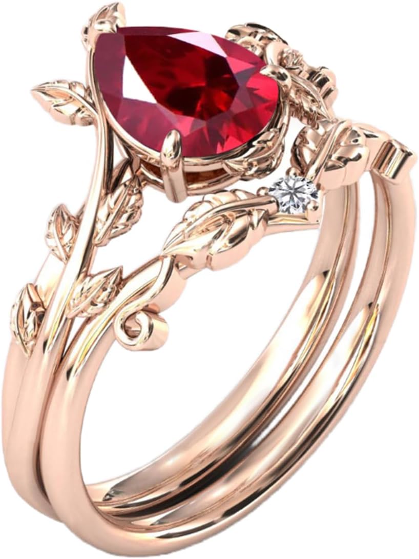 10K 14K 18K Gold Ruby Rings Set for Women, Kite/Marquise/Pear Cut Art Deco Ruby Promise Engagement Wedding Anniversary Ring Set Unique Bridal Ring Set for Her