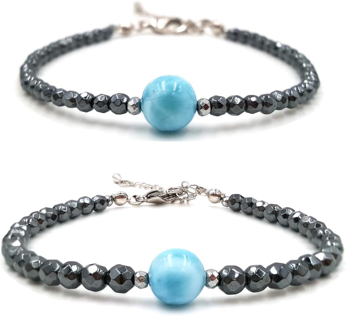 Natural Dominican Blue Green Larimar Hematite Beads 2pcs