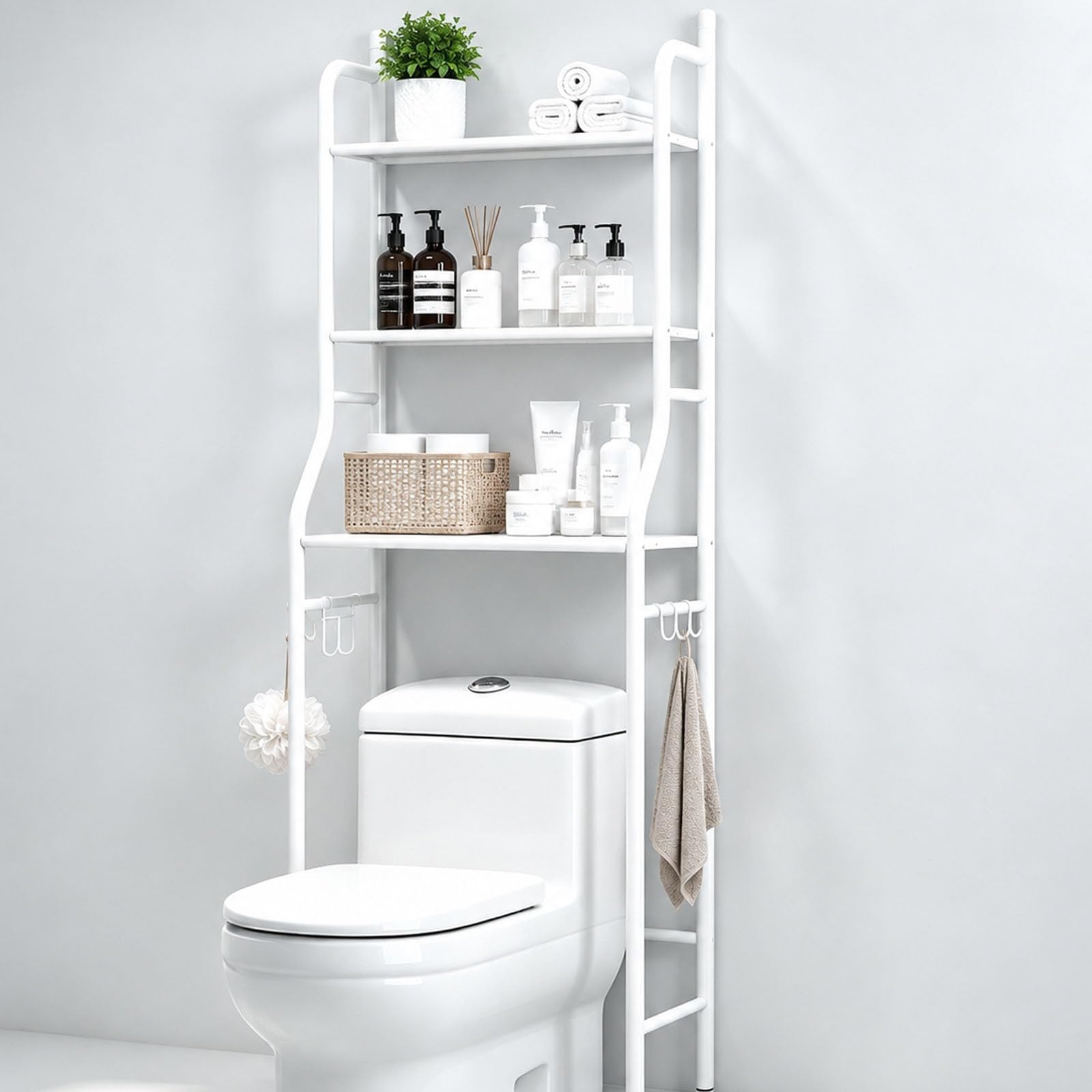 Mobile Sopra WC a 3 Ripiani, Scaffale Portaoggetti Bagno Autoportante | Organizzatore WC Salvaspazio per Piccoli Bagni, Mensola Sopra Toilette per Asciugamani(White)