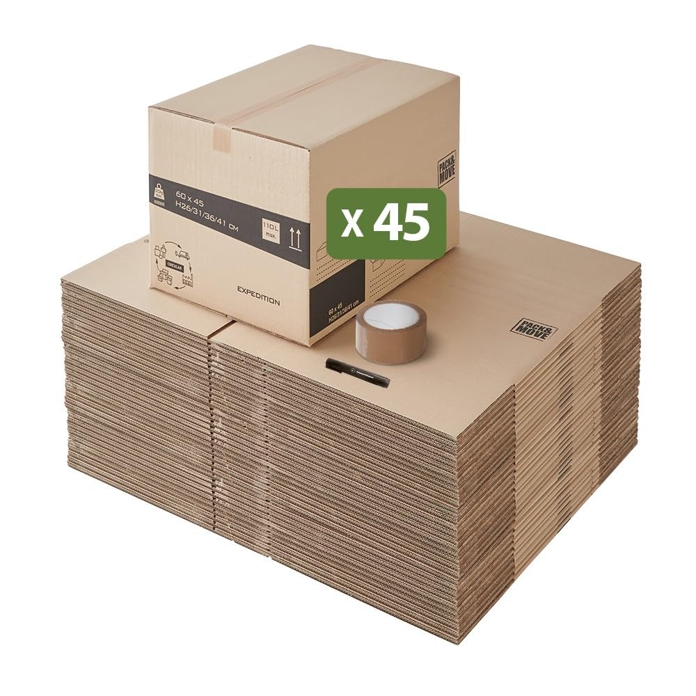 Pack and Move - Zestaw 45 kartonów do przeprowadzki o zmiennej wysokości – 60 x 45 x 31 – 41 cm – wzmocnione uchwyty – 1 klej w prezencie